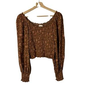 Boutique Hem & Thread Brown Floral Smocked Long Sleeve Top S